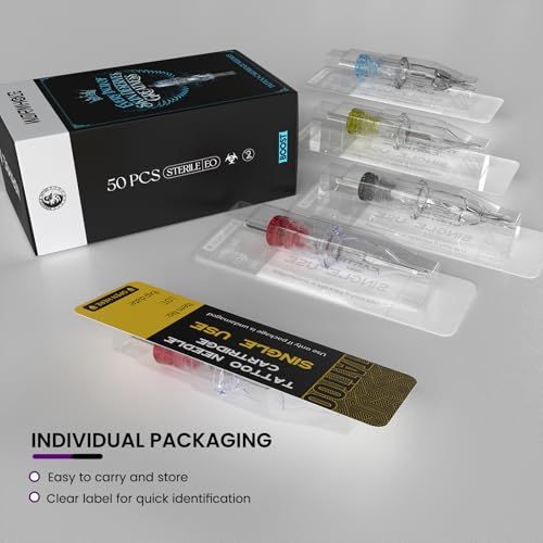 Image of Wormhole Tattoo Cartridge Needles Long Taper 50PCS Assorted Disposable Tattoo Needle Mixed 5RL 7RL 9RL 5RS 7RS 9RS 15M1 21M1 15RM 21RM Round Liner Shader Magnum Round Magnum for Beginners Practicing