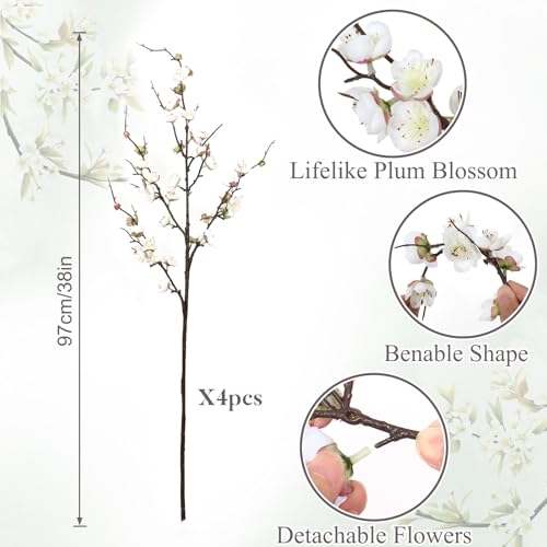 Betylifoy Artificial Plum Blossom Flowers 4Pcs Faux Silk Cherry Blossom 38" Long Stems Fake Plum Blossom Branches Artificial Silk Flower for Flowers Arrangement Wedding Home Table  image 5