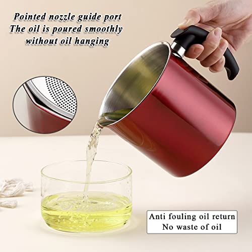 Image of Kyraton Bacon Grease Container With Strainer,48 Oz Metal Shining Red Stainless Steel Oil Container,Pot Fat Storage With Lid,Easy Grip Handle Suitable For Storing Frying Oil & Cooking Grease,40x17x7 cm