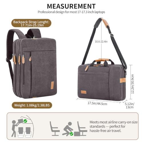 Image of ESTARER Laptop Computer Bag for Men 3 In 1, 17-17.3 Inch Laptop Messenger Bag for Business /Work /Travel, Convertible Backpack Briefcase Water resistant Canvas Laptop Backpack (Grey)