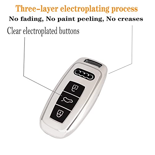 Kirsnda For Audi Key Fob Cover Case With Keychain,Soft Tpu Key Case/Skin,3-Buttons Fit A6 A7 A8 S6 S7 Rs-6 Rs-7 Q7 Q8 Sq7 Sq8 Smart Remote Key Vehicle Accessories(Silver) #TOP3