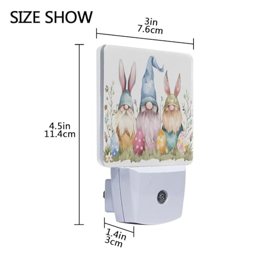 Image of Easter Gnomes Easter Watercolor Night Lights 2 Pack Plug-in Wall Led Nightlight Auto Dusk-to-Dawn Sensor Lamps for Bedroom Kitchen Bathroom