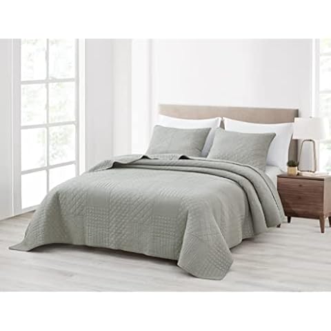 Chezmoi Collection Motley 3-Piece Classic Geometric Patchwork Embroidered Quilt Set - Pre-Washed Cotton Bedspread Coverlet Set, King Size, Gray Cover
