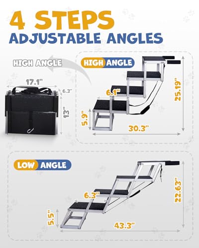 Jovrun Foldable Dog Car Ramp for Large Dogs, 4 Steps Portable Large Dog Steps for Car Truck SUV High Bed, Aluminum Dog Stairs with Non-Slip Surface, Outdoor Dog Ramp Stairs for Dogs Max Up to 200lbs