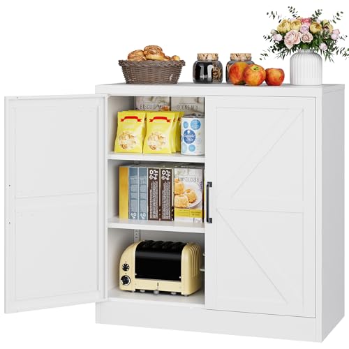 Metal Storage Cabinet with Doors & Adjustable Shelves, 36" Tall Farmhouse Pantry Cabinet, Small Sideboard for Kitchen, Dining, Living & Laundry Room, White