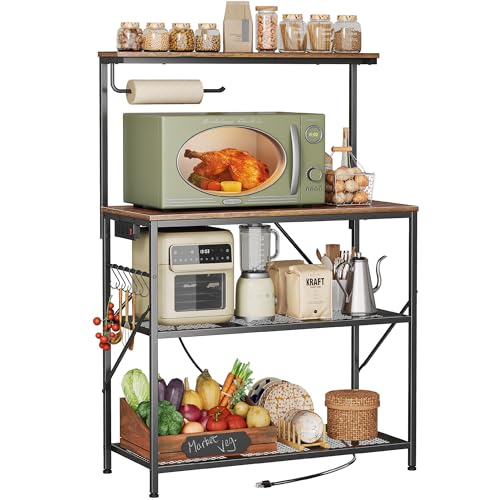 Image of Huuger 4-Tier Bakers Rack with Reversible Power Outlet, 31.5 Inch Microwave Stand, Kitchen Coffee Bar, with Top Shelf, 6 S Hooks, Rustic Brown