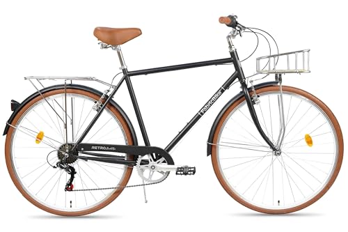 FabricBike Southken - Bicicleta Paseo Clásica 28', Bicicleta Retro, 7V, Portabultos, Manillar y Sillín Ajustable. (Southken Matte Black + Cesta, L-58cm)