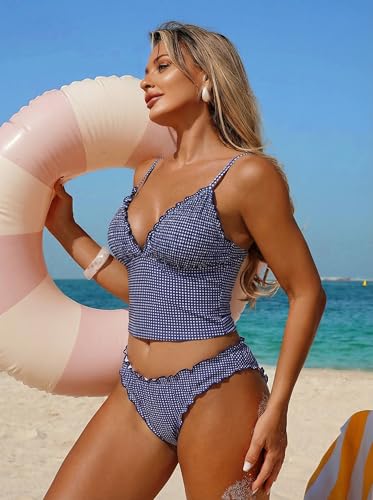 ZAFUL Tankini Swimsuits for Women Ruffle Trim Textured High Cut Tankini Set Two Piece Bathing Suits(2-Blue Plaid,M)