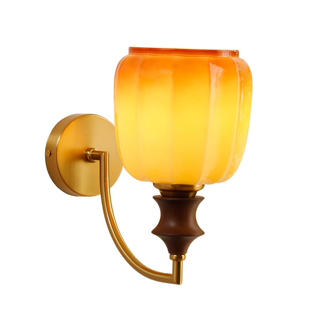 KXEcoLife Orange Glass Wall Sconce with Wood Fitting, Mid Century Indoor Light E27 Sconces Lighting Fixture Farmhouse Bedroom Living Room Hallway Mounted Lamp