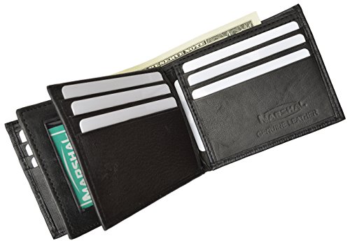 Marshal® Leather Mens Wallet Black Bifold Fixed Flip 3 Window ID & Organza Gift Bag New2