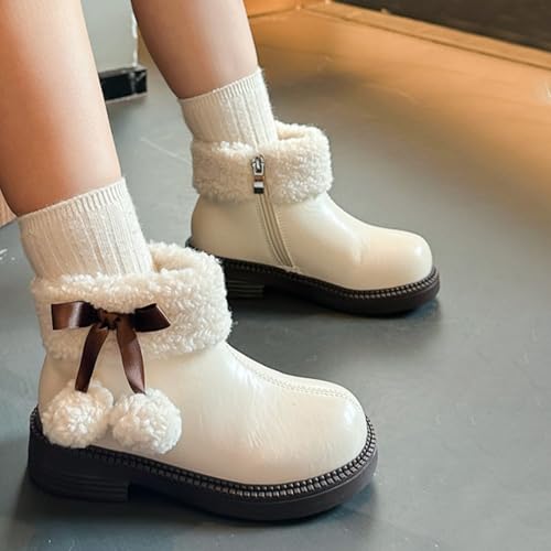 Kids Girls Low Heel Fleece Thick Ankle Booties with Pom-Pom 𝐁alls Soft Plush 𝗟ining F𝘂r Winter Warm Cute Shoes2