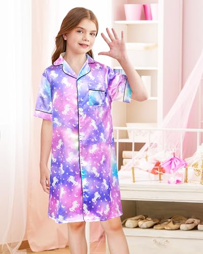 Sylfairy Girls Silk Nightgown Kids Satin Pajamas Short Sleeve Button Down Nightshirt Sleepwear Night Dress size 4-103