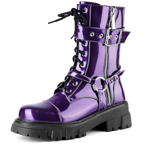 Best Boots for Music Festivals: Your Ultimate Guide 12 ElegaStep Women Harness Motorcycle Biker Boots Steampunk Combat Boots Chunky Goth Boots Mid Calf Boots Lug Sole Lace Up Side Zipper Purple US 10