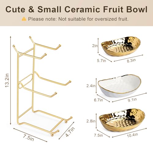 3 Tier Ceramic Fruit Bowl for Kitchen Counter, Tiered Fruit Basket Stand with Gold Metal Rack, Decorative Fruit Holder for Table, No Assembly Serving Bowls for Party Snacks & Housewarming Gift - image 3