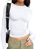 Trendy Queen Womens Long Sleeve T Shirts Fall Fashion 2025 Basic Crop Tops Going Out Workout Outfits Y2k Clothes White M