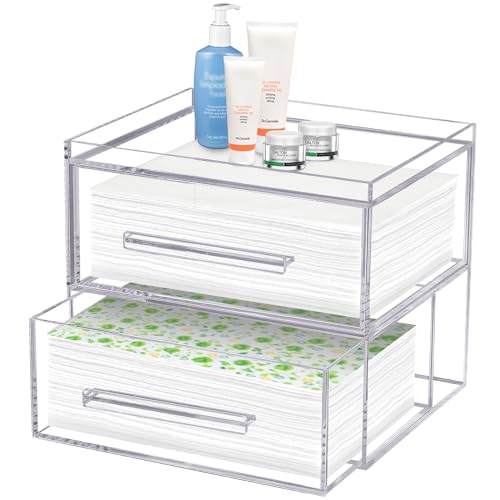 Disposable Face Towel Storage Box - Acrylic Holder With Two Drawers for Clean Skin Club Clean Towel - Wall-Mountable Clear Makeup Organizer (Towels Not Included)