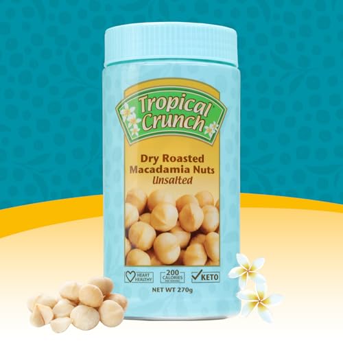 Tropical Crunch Unsalted Macadamia Nuts 270g (9.5 oz) – Dry Roasted No Salt Added – Keto, Low Carb, Gluten Free, Non-GMO – Premium Natural Healthy Nuts – Buttery Crunch Family Size Bag