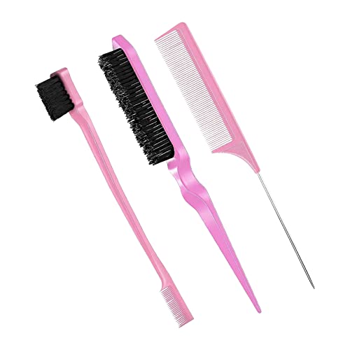 foris Hair Brush & Comb Set: Slick Back Bristle Brush, Teasing Rat Tail Comb, Double Sided Edges Grooming Tools for Women & Kids, Pink