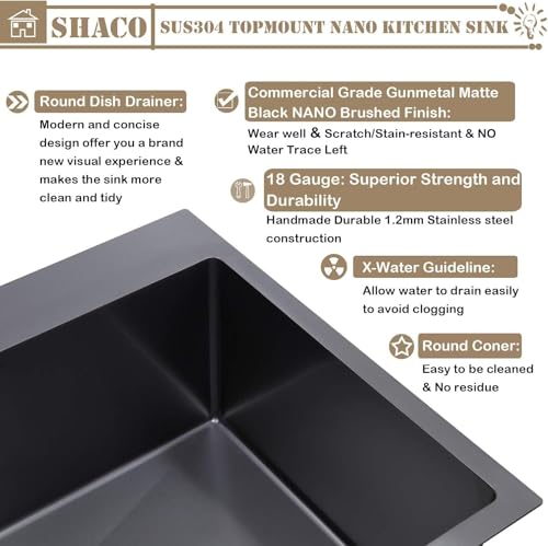Image of 28 x 20 Inch Drop in Black Kitchen Sink, Gunmetal Black Top Mount Stainless Steel 9 Inch Deep Single Bowl Laundry Utility Wet Prep Sink