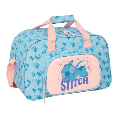 SAFTA | Bolsa de Deporte Disney Stitch Ohana, Bandolera Ajustable y Asa Forrada, Bolsillo Frontal Grande, Cremallera con Doble Tirador, Medidas 40x23x24 cm