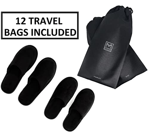 Modlux Spa Slippers - 12 Pairs Of Cotton Velvet Closed Toe Slippers W/Travel Bags – Thick, Soft, Non-Slip, Disposable Slippers – 6 Medium/6 Large - Home, Hotel, Or Commercial Use (12 Pack Combo Black) #TOP1