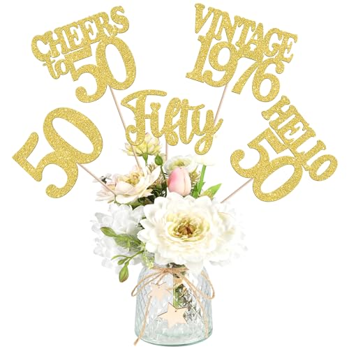 15PCS Happy 50th Birthday Centerpiece Sticks Fifty Vintage 1976 Hello 50 Table Flower Centerpieces Sticks Cheers to 50 Floral Decoration for Happy 50th Birthday Party Centerpieces Supplies Gold
