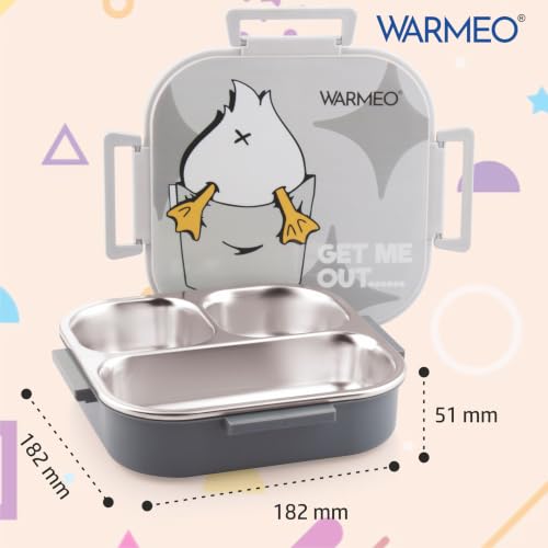 Image of WARMEO Jerry Insulated Lunch Box with Three Compartment BPA Free, Kids Lunch Box,Food Grade Ideal for School, Picnic, Office & Outdoor - 500ml Duck, Stainless Steel