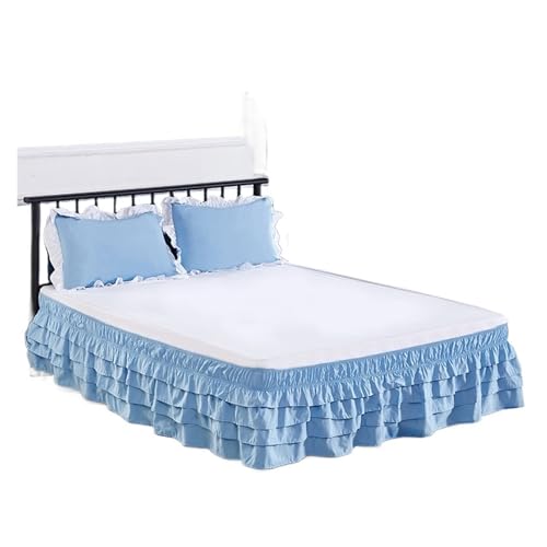 ZRHWSPD Falda de Cama Falda de Cama con Volantes de 4 Capas, elástica, sin Superficie, for Hotel, for Cama Individual, matrimonial, Queen y King(Blue,Queen 150x200x45cm)