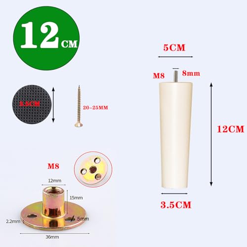 XineYuor Solid Wood Furniture Feet,4PCS White Feet for Furniture and Sofa Wood,Wooden Furniture Legs Cone with Mounting Plate and Screws for Sofa,Furniture,Cabinets (12cm/4.72'' - Image 2