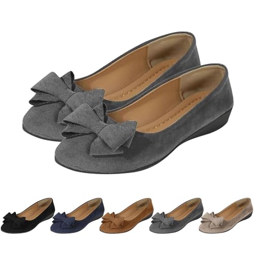 Women's Suede Ballet Casual Shoes Wedge Heels Bow Pumps Round Toe Comfortable Arch Support Slip-On Low Orthopedic Wedge Shoes (G
