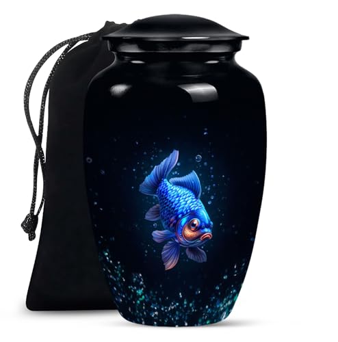 KARYLIZ Fishing Black Urn for Human Ashes Man - Large Cremation Urns for Human Ashes Woman - Blue Urn for Male & Female - Funeral Urns for Mom & Dad - 10 Inch