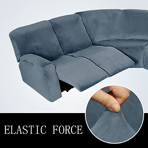 Mingpinhuius 7 Piece Velvet Stretch Recliner Corner Sofa Cover L Shape Sectional Couch Covers Soft Elastic Sofa Slipcover Furniture Protector For Living Room (Grey Blue, 5 Seat Recliner Cover) #TOP2