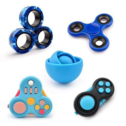 Yrissmiss Fidget Toys Adults Pack 5Pcs,Fidget Spinner with Magnetic Rings Gyro,Fidget Controller Autism Sensory Toys,ADHD Stress Anxiety Desk Fidgets,Easter Basket Stuffers for Kids Teen Boys(BU)
