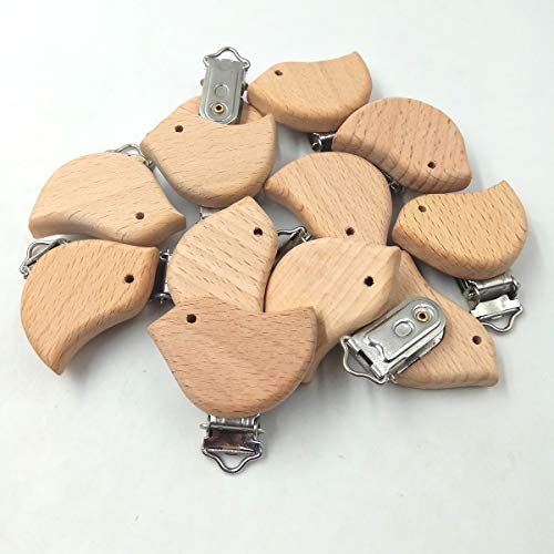 Image of 20pcs Natural Wood Suspender Pacifier Clips Cute Beech Wooden Animal Bird Shape Clips Charm DIY Beading Pacifier Chain Accessory