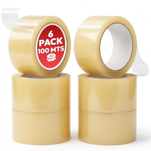 Barakatu CINTA DE EMBALAJE TRANSPARENTE 6 ROLLOS GRANDES 100 mts x 4,8 cm   Cinta Adhesiva Impermeable de Alta Adherencia y Reforzada   Fácil Adhesión Para Cajas y Paquetes