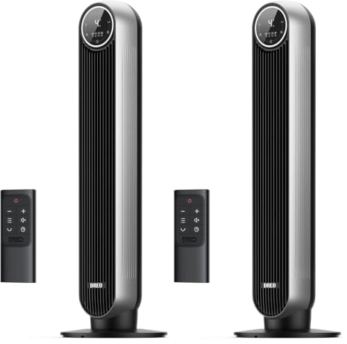 Image of DREO Bladeless Tower Fan - 25ft /s, 4 Speeds, 4 Modes, 90 Oscillation, 8H Timer, Ultra Quiet for Bedroom, Indoors, Silver (Tower Fan 307) 36inch (Pack of 2)