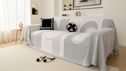 Image of The Furnishing Tree 3 Seater Reversible Chenille Sofa Cover, Double-Sided Luxury Throw, Anti-Slip Couch Cover, Soft & Comfortable Sofa Towel for All Seasons, Light Grey Stripe