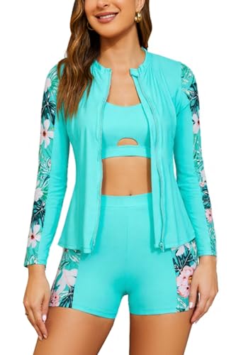SHEKINI Women's 3 Piece Rash Guard Long Sleeve Swimsuits Removable Pads Zip Up Swim Shirts with Boyshorts