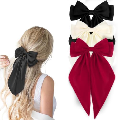ZUWIJEQ 3 Pcs Mollette con fiocco,Capelli Fiocco Grande,Fiocco per Capelli,Clip per capelli in metallo,Fermagli per Capelli con Nastro Lungo in Raso di Seta,Mollette Capelli Donna Eleganti con Fiocco