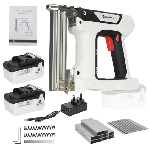 GearZone 21V Cordless Nail Gun - 18 Gauge 2 in 1 Battery Powered Electric Brad Nailer with 2 x 4.0Ah Batteries & Charger & 1000 Nails & 1000 Staples for DIY & Home Improvement & Wood Working