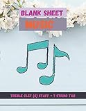  Blank Sheet Music Treble Clef (G) Staff 7 String TAB, Cherry blossoms on light blue wood cover, 100 pages - Large(8.5 x 11 inches)
