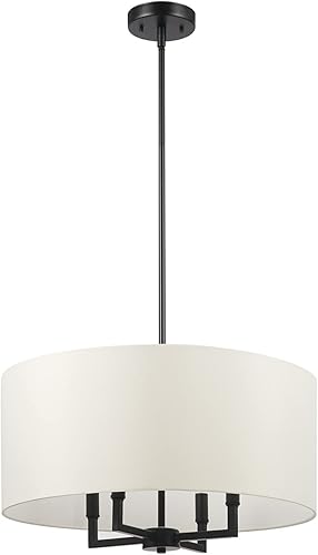 GLOBE Lámpara eléctrica 67000065 de 4 luces, color negro mate, pantalla de tela beige, lámpara colgante moderna para isla de cocina, mesa de comedor