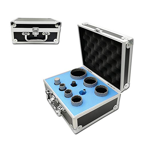 DT-DIATOOL Kit di Punte Diamantate per Trapano 9 Pezzi/Scatola 20/25/35/45/50/65mm Sega a Tazza 2 Pezzi Adattatori e 20mm Fresa per Porcellana Piastrella Granito Marmo