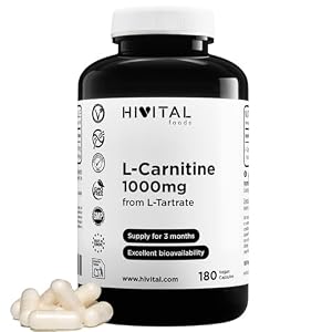 L-Carnitine pure 1000 mg. 180 veganistische capsules voor 3 maanden behandeling. Verkregen door bacteriële fermentatie (100% Veganistisch). Gefabriceerd in Europa door HIVITAL