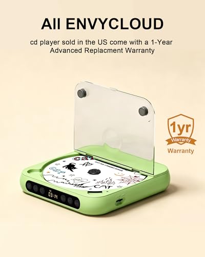 Image of ENVYCLOUD CD Player Portable with Dual Stereo Speakers, Rechargeable Portable Player with Bluetooth for Home with Headphones, Support CD /AUX /USB,Green