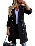 Kinghua Wool Coats for Women Warm Fall Winter Double Breasted Notched Lapel Midi Long Wool Peacoat Jacket (Black, M)