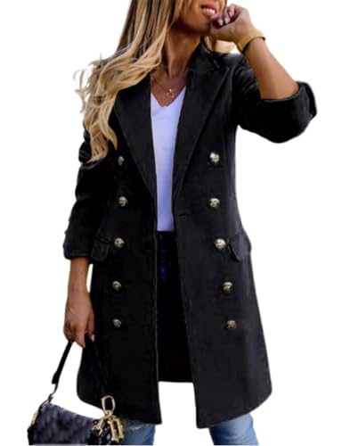 Image of Kinghua Peacoat Womens Coat Warm Fall Winter Double Breasted Long Midi Wool Pea Coat Jacket (Black, L)