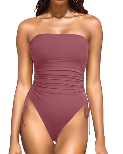 Yonique Women Strapless One Piece Swimsuit Tummy Control Bandeau Bathing Suit Cheeky Swimwear