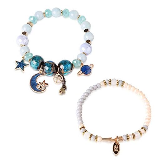 Besteel Piedra Natural Bolas Pulsera para Mujeres Boda Estrella Luna Elastica Pulsera Suerte Kawaii Charms Pulseras Set Rosa/Verde/Azul/Púrpura