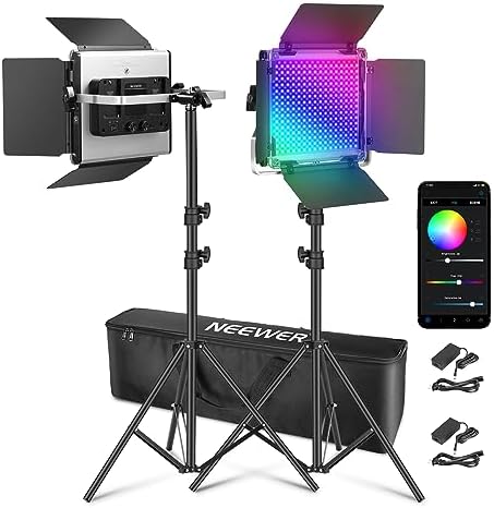 NEEWER 660 PRO II Enhanced RGB LED Video Light Panel with App Control and Support Kit, 2 Pack Constant 50W No Color Change/1% Precise Minimum Dimming/360° RGB/CRI97+/3200K ~ 5600K Streaming